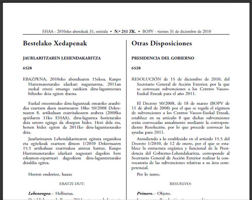 2011erako deialdia 2010eko abenduaren 31eko buletinean