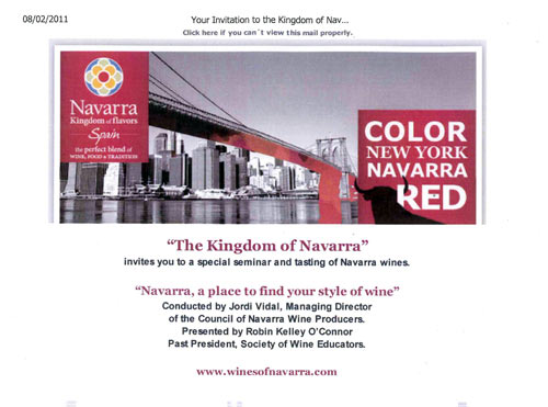 Afiche de la convocatoria del seminario y degustación de vinos navarros para este miércoles en Nueva York