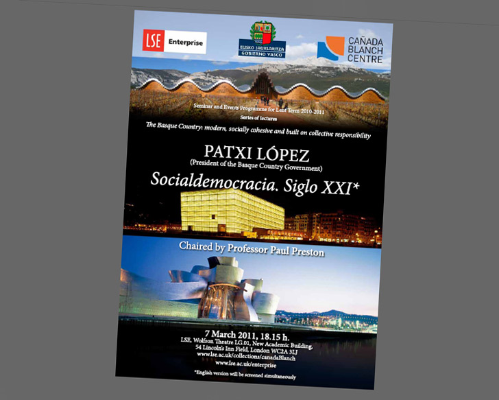 Cartel anunciador de la conferencia del lehendakari Patxi López estar tarde en Londres