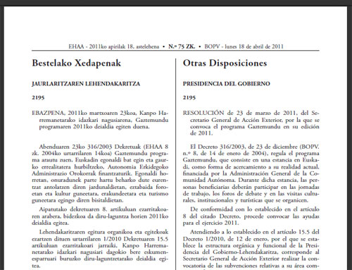 La convocatoria de Gaztemundu 2011 publicada hoy en el Boletín Oficial del País Vasco (EHAA-BOPV)