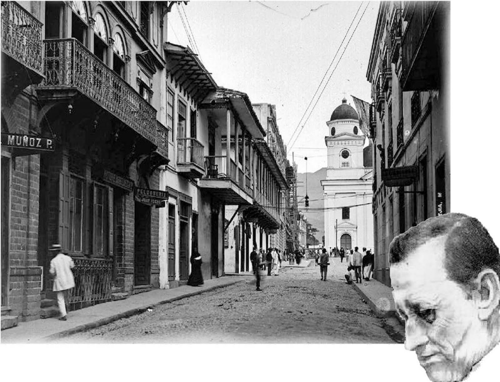 La calle Boyaca de Medellín en 1910, siete años antes de nacer el poeta antioqueño Jorge Robledo Ortiz, junto a la figura del mismo (imagen lascancionesdelabuelo.blogspot.com)