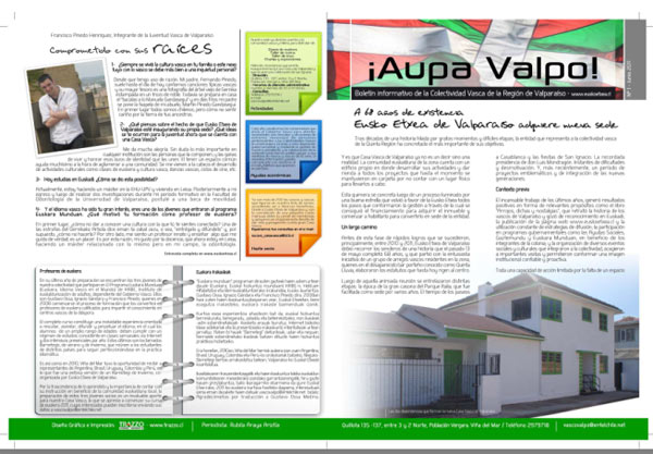 Aspecto de ¡Aupa Valpo!, nuevo boletín de información interno de Eusko Etxea de Viña-Valparaíso