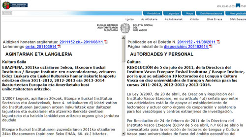 Boletín Oficial del País Vasco que recoge la información señalada