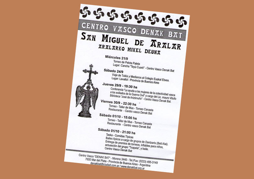 Afiche de las celebraciones en honor a 'Aralarko Mikel Deuna' o San Miguel de Aralar 2011 en el Centro Vasco Denak Bat de Mar del Plata