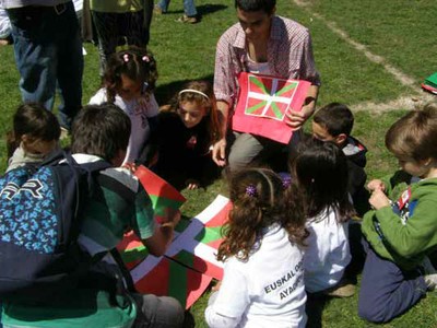 Imagen de un grupo de txikis trabajando junto a su monitor en la XIII Ume Topaketa