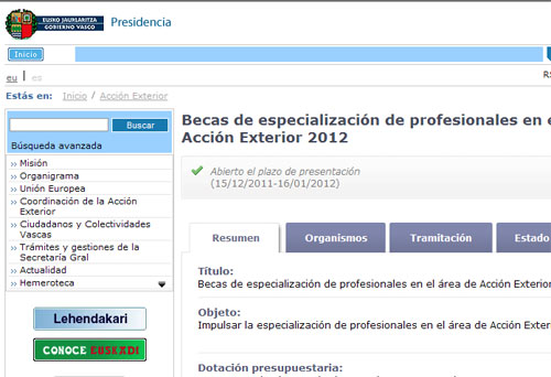 Página de información sobre la convocatoria en Lehendakaritza