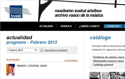 Imagen de la web de Eresbil, el Archivo Vasco de la Música