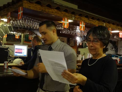 Aitzol Azurtza and Anna Mari Aguirre reading the 2012 Aberri Eguna communication in Basque and English at Eusko Etxea of New York.  The center will celebrate its Centennial in 2013 (photo EuskalKultura.com)