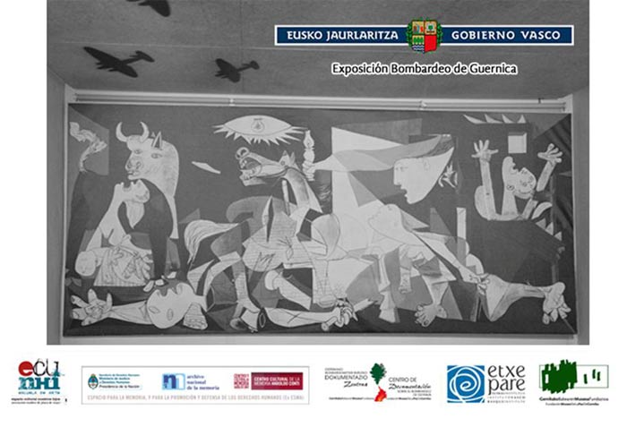 Afiche de la exposición sobre el bombardeo de Gernika que el Gobierno Vasco presentará en Buenos Aires, México, Nueva York, Montevideo, Santiago, Lima, Bogotá, Asunción, Brasilia y otras capitales y ciudades. 
