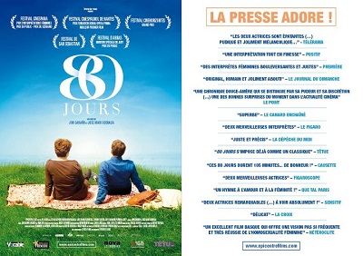 "80 egunean" filmearen kartela frantsesez eta frantses komunikabideen kritika baikorrak