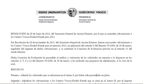 La Resolución del 28 de Junio de 2012 que firma el Secretario General de Acción Exterior del Gobierno Vasco, Guillermo Echenique, de adjudicación de subvenciones