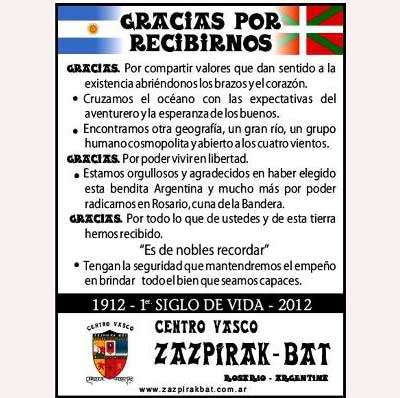 Invitación a participar de las actividades del centenario del Zazpirak Bat de Rosario