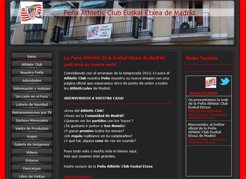 Aspecto de la portada de la página web que ha inaugurado la Peña Athletic Club Euskal Etxea de Madrid