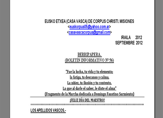 Portada de Berripapera, el boletín informativo de Eusko Etxea de Corpus Christi, en Misiones, Argentina, en su número 56