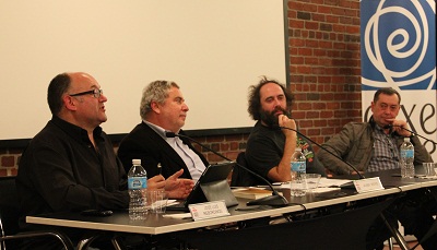 Jose Luis Rebordinos, Javier Rioyo, Mikel Urmeneta y Mikel Lezamiz en la mesa redonda "Iconos vascos en el mundo" (foto Etxepare)