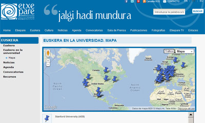 Mapa con los distintos lectorados de Lengua y Cultura Vasca que ofrece el Instituto Vasco Etxepare en diversas universidades del mundo
