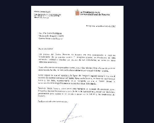 Carta de la presidenta de Navarra, Yolanda Barcina, al Centro Navarro de Rosario, expresando sus condolencias a la familia Lizarbe