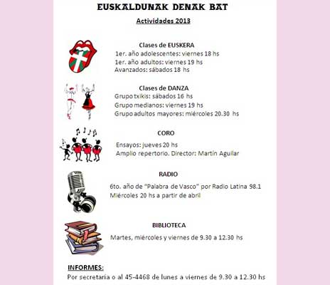 Invitación a participar de las actividades 2013 del Euskaldunak Denak Bat de Arrecifes 