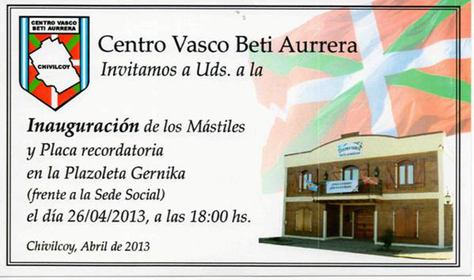 Invitación a participar del acto organizado por el Centro Beti Aurrera de Chivilcoy 