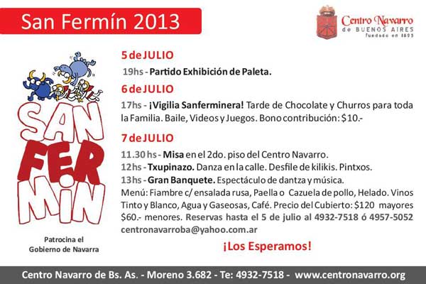 Invitación a participar de los Sanfermines 2013 en el Centro Navarro de Buenos Aires 
