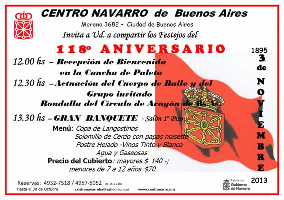 Invitación a la fiesta 118º Aniversario del Centro Navarro de Buenos Aires