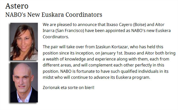 Astero, el boletín semanal de NABO, publicaba en su número de hoy la nota con los dos nuevos coordinadores de euskera de la entidad