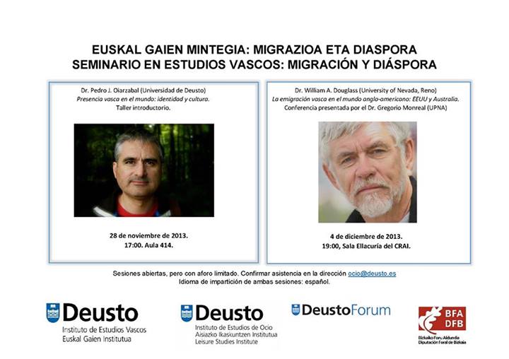 Poster publicizing Pedro Oiarzabal's and William Douglass's talks at Deusto University