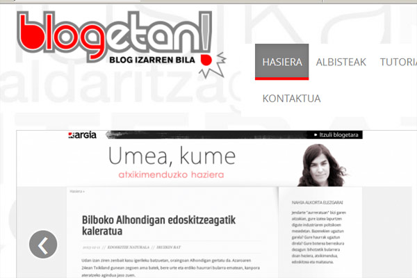 Votes can be cast on the "Blogetan" website.  Seen here Nahia Alkorta's "Umea, Kume" blog