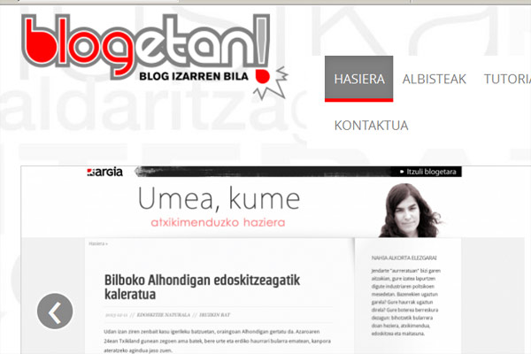 Blogetan lehiaketaren webgunean ikus daitezke hautagaiak zeintzuk diren; irudian, Nahia Alkortaren "Umea, Kume" bloga