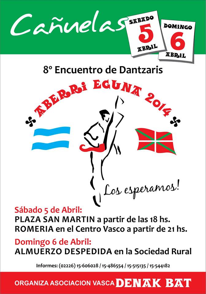Cartel de la próxima cita nacional importante del calendario de encuentros vasco argentinos: el encuentro de dantzaris de Aberri Eguna en Cañuelas