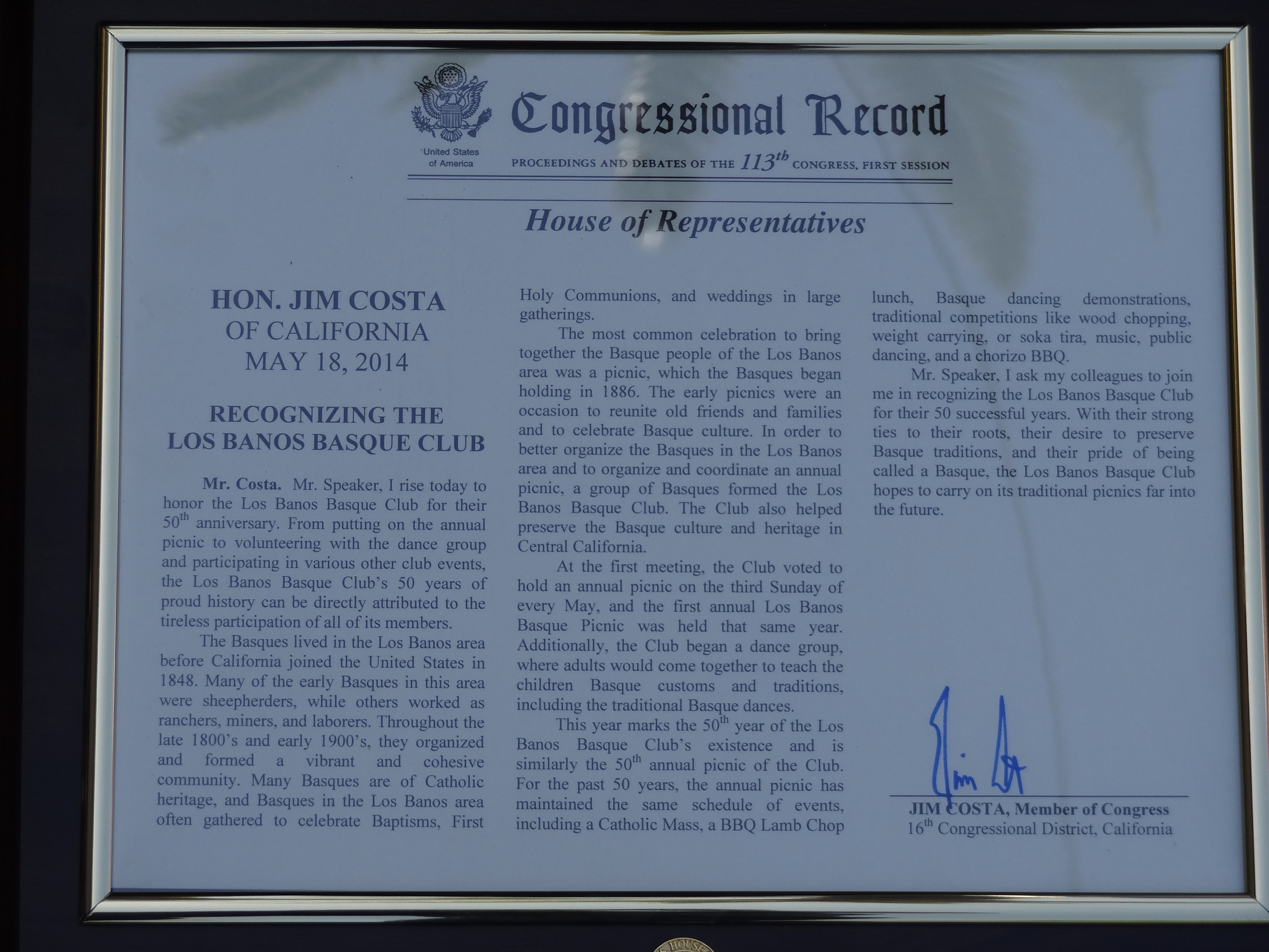 Act of Congress presented to the club supported by Congressman Jim Costa, congratulating the Los Banos Club on its 50th Anniversary (photoEuskalKultura.com)
