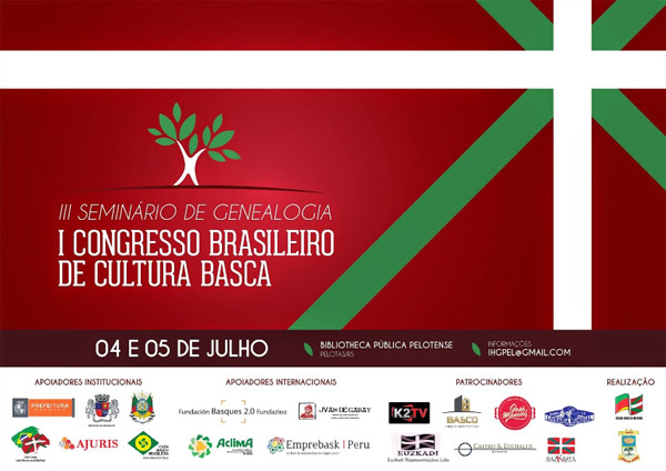 Cartel del I Congreso Brasileiro de Cultura Vasca, que tendrá lugar el 4 y 5 de julio en la ciudad de Pelotas