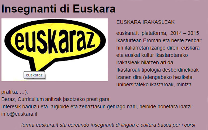 Euskara irakasleak eta Euskara.it plataforma kudeatzeko jende bila ari dira Italian ACE eta UPTER unibertsitateko Euskara Saila