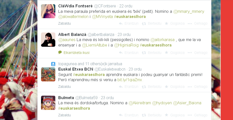 Algunos de los mensajes que hemos visto en nuestro twitter con el hashtag #euskaraeslhora kanpainaren baitan