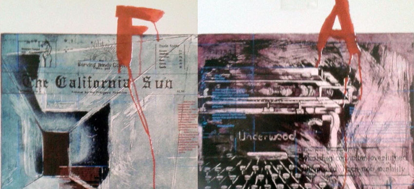Dos piezas de la presente exposición de Iriarte; se aprecia el aire de collage en estas laminas (Foto: C.L.G.)