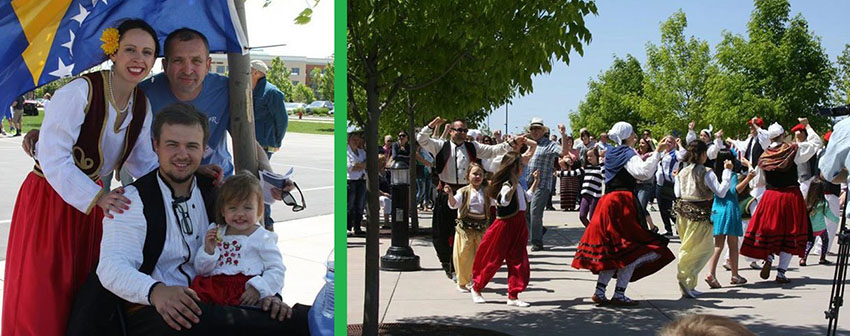 A la izquierda, en la primera foto, Ramajla Maya Duratovic posa junto a otros miembros del grupo cultural de Bosnia-Herzegovina Mladi Bihar. En la foto de la derecha, los dantzaris de Oinkari bailan con los de Mladi Bihar (fotos M.B.)