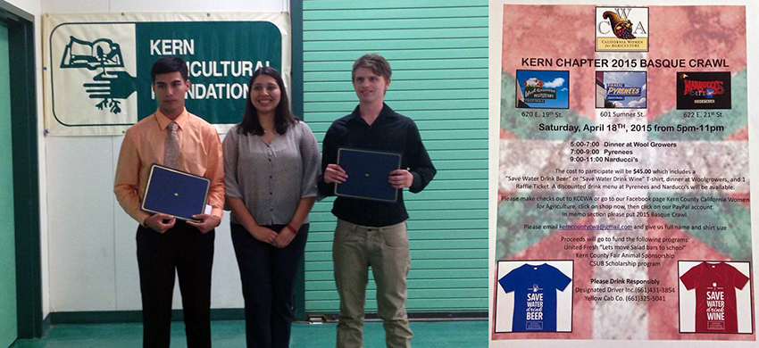 From left to right, CSUB students Oscar Alvarez and Patrick Streiff receiving the scholarships and the flyer for the 'Basque Crawl' event (Photos: CWA)