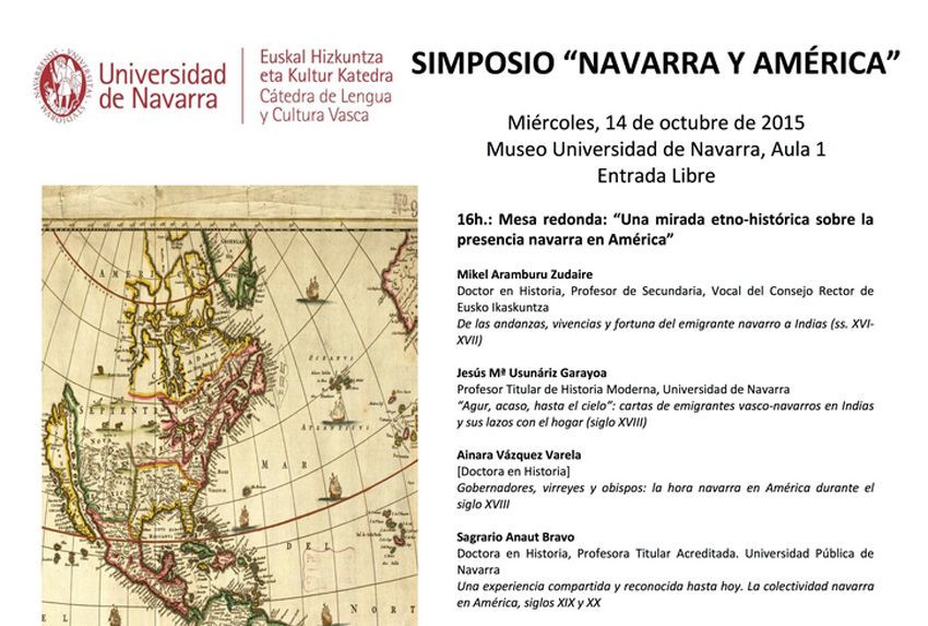 Cartel del Simposio Navarra y América, que tendrá lugar el 14 de octubre en la Universidad de Navarra