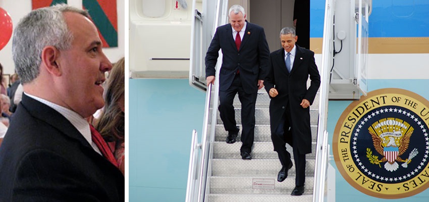 Boise, ID mayor Dave H. Bieter, launching his 2005 campaign at the Euskal Etxea in Boise (left), and with President Barack Obama, in January (Photos: E.K. and BoiseWeekly) 