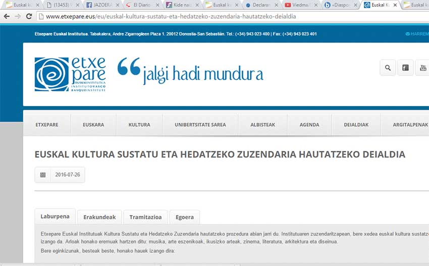 La convocatoria en la página web del Instituto Vasco Etxepare