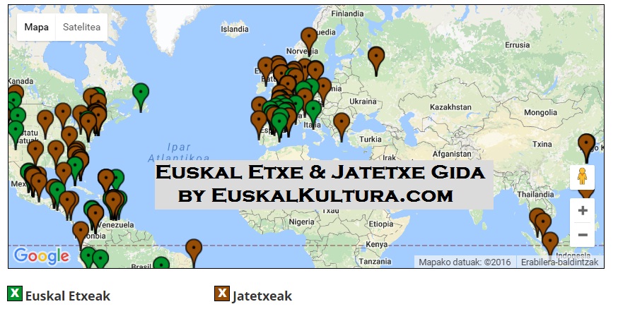 Euskal etxeak geolocalizadas en el mapa de la Guía de Centros Vascos de EuskalKultura.com