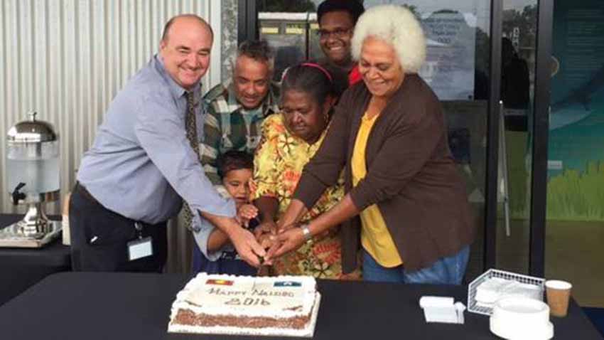 Ramon Jayo Astorquia cuts the cake at a party in the Council of Hinchinbrook Shire (photoRJA)