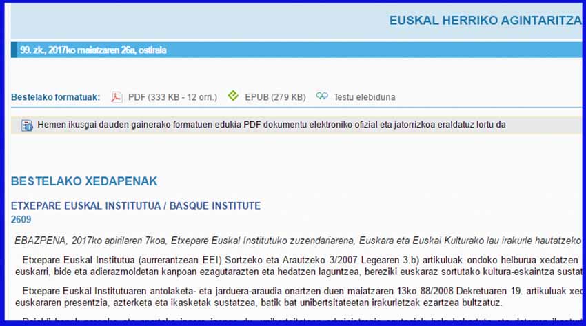 Official Bulletin of the Basque Country that includes the call from the Etxepare Institute