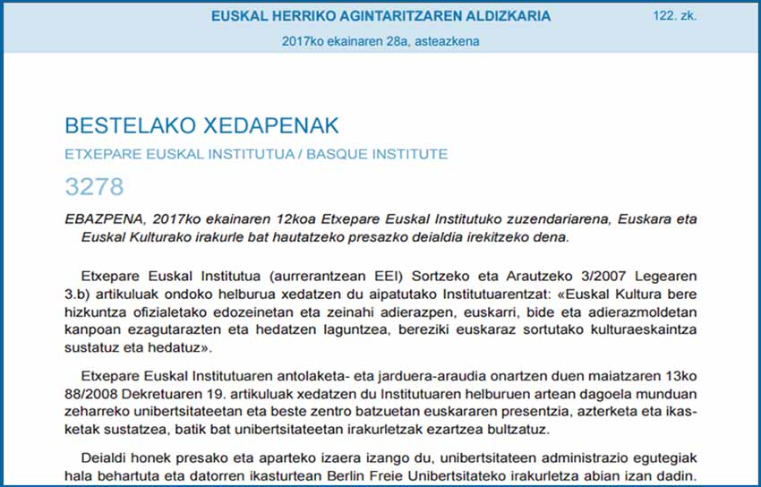 Yesterday’s Official Bulletin of the Basque Country included Etxepare’s call for a position at the Freie University in Berlin 