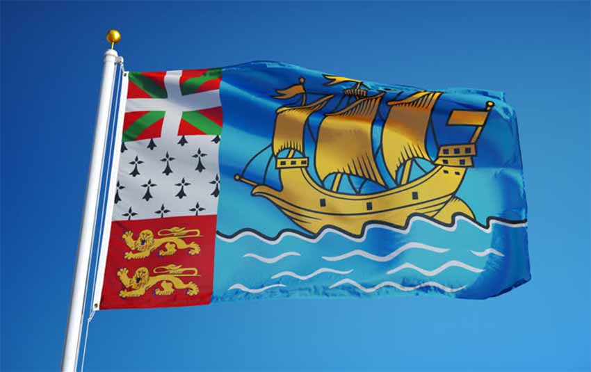 Bandera de Saint Pierre y Miquelon, en la que se incrusta la ikurriña, en representación del componente histórico vasco del archipiélago (arg. Shutterstock.com)