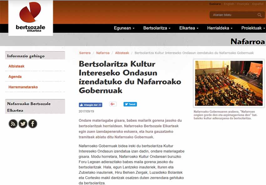 La página web de Bertsozaleen Elkartea enseguida se ha hecho eco de la medida aprobada ayer por el Gobierno de Navarra