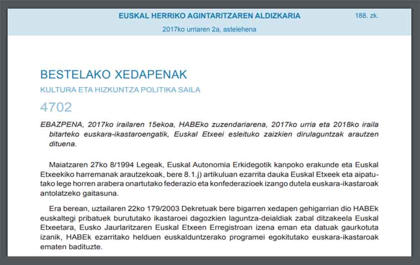 EHAA buletinaren urriaren 2ko zenbakia Euskal Etxeetan euskara irakasteko 2017-2018ko dirulaguntzak arautuz