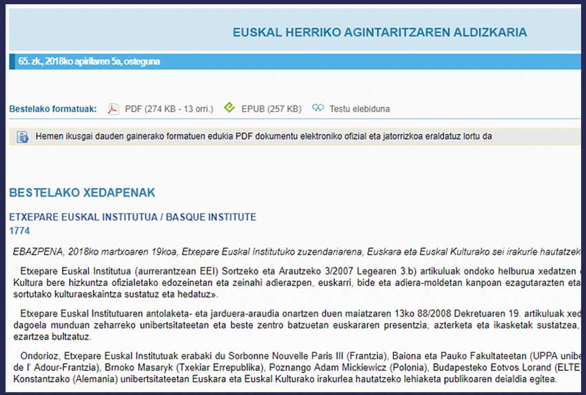 Etxepare Euskal Institutuaren deialdia EHAA-BOPV buletin ofizialean argitaratua