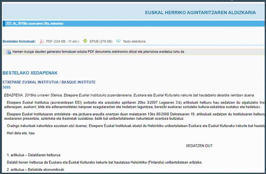 Etxepare Euskal Institutua-Basque Institute-ren deialdia 2018ko azaroaren 20ko buletinean argitara emana