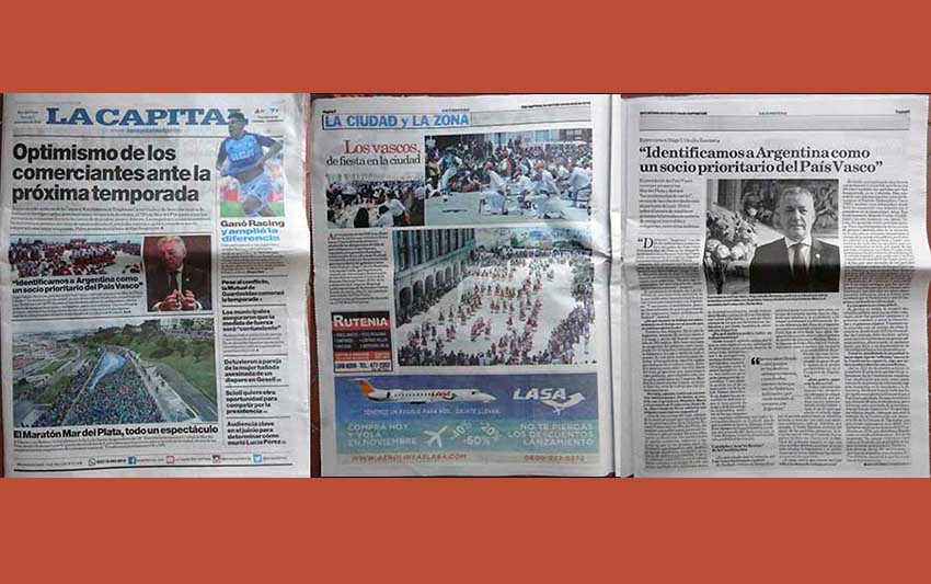 Eco de la visita del Lehendakari Urkullu a Mar del Plata: la noticia en portada y páginas 2 y 3 enteras, con entrevista (foto EuskalKultura.com)